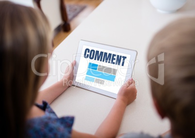 Comment text and graphic on tablet screen with couple