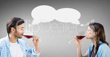 Couple with speech bubble drinking wine against grey background