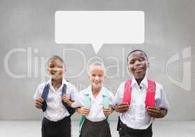 Students with speech bubble against grey background