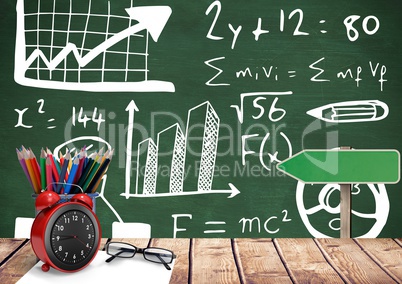 Desk foreground with blackboard graphics of formula equations