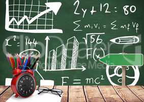 Desk foreground with blackboard graphics of formula equations