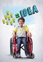 Disabled boy in wheelchair with colorful idea light bulb graphics