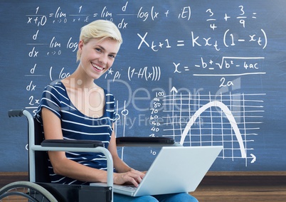 Disabled woman in wheelchair in front of blackboard with math equations