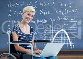 Disabled woman in wheelchair in front of blackboard with math equations