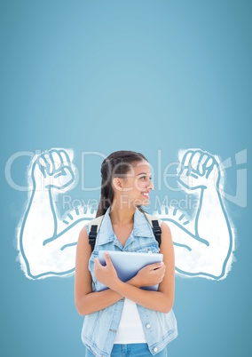 Student woman with fists graphic standing against blue background