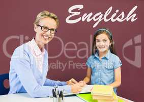 Student girl and teacher at table against red blackboard with English text