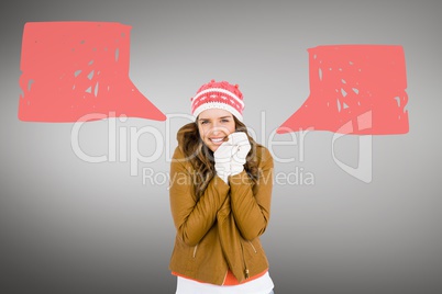 Happy woman with speech bubble against grey background