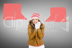 Happy woman with speech bubble against grey background