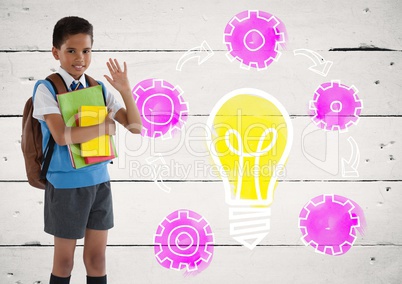Schoolboy holding schoolbooks with colorful light bulb setting gear cog graphics