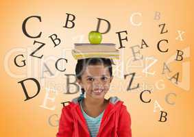 Many letters around Girl with books and apple on head in front of orange background