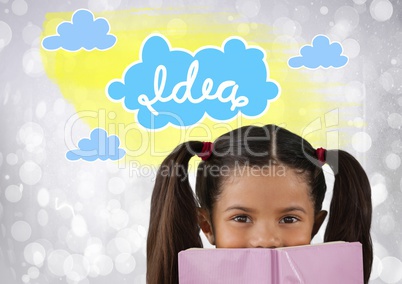 Girl reading with colorful idea graphics clouds