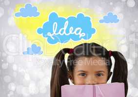 Girl reading with colorful idea graphics clouds