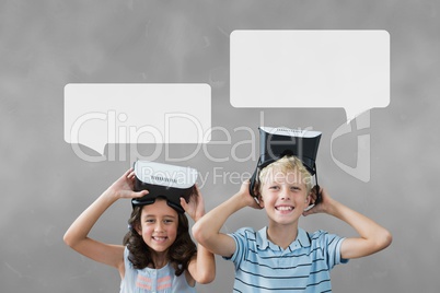 Kids with speech bubbles holding a VR headset against grey background