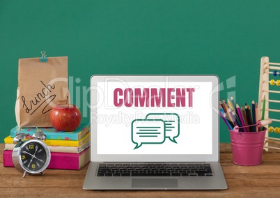 Comment text and chat graphic on laptop screen with education items