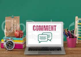 Comment text and chat graphic on laptop screen with education items