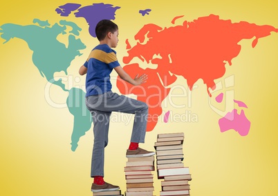 Schoolboy climbing tower of books in front of colorful world map