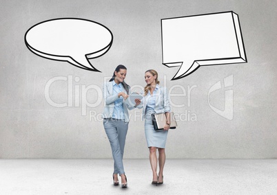 Business women with speech bubble talking against grey background
