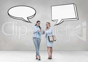 Business women with speech bubble talking against grey background