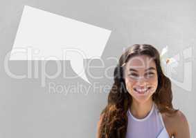 Woman with speech bubble against grey background