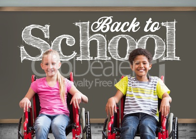 Back to school text on blackboard with disabled boy and girl in wheelchairs