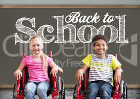 Back to school text on blackboard with disabled boy and girl in wheelchairs