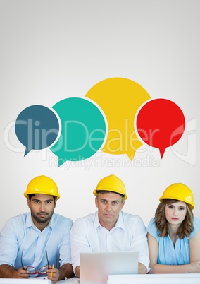 Construction people at a table with speech bubbles against grey background