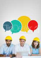 Construction people at a table with speech bubbles against grey background