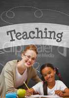 Happy student girl and teacher at table against grey blackboard with teaching text and education and