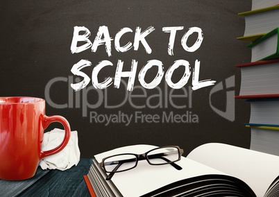 Books Desk foreground with blackboard graphics of Back to school