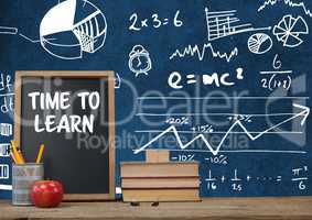 Time to learn Desk foreground with blackboard graphics of math science equations