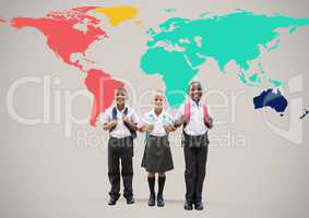 School kids in front of colorful world map