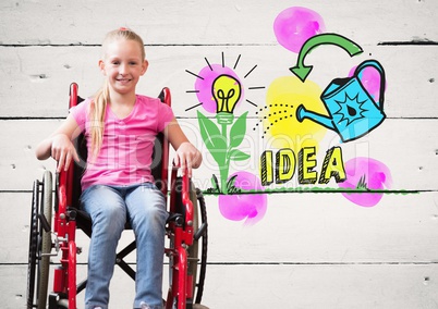 Disabled girl in wheelchair with colorful idea graphics