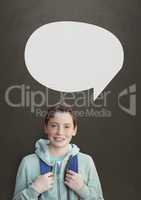 Student boy with speech bubble against grey background