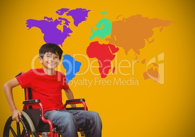 Disabled boy in wheelchair in front of colorful world map