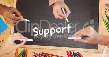 Hands writing support on blackboard
