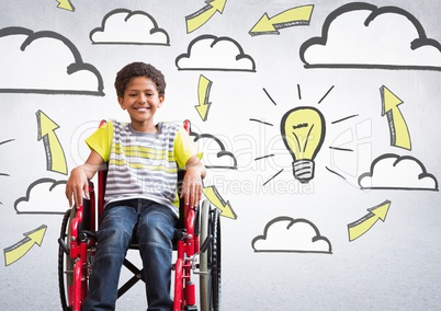 Disabled boy in wheelchair with light bulb in clouds