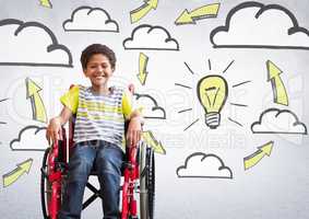 Disabled boy in wheelchair with light bulb in clouds