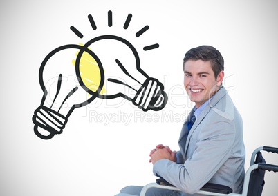 Disabled man in wheelchair with light bulbs clashing graphics