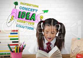 colorful Creative concept idea text and schoolgirl reading at desk