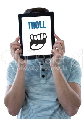 Troll text with cartoon mouth on tablet over mans face