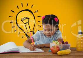 Schoolgirl writing at desk with lunch and light bulb graphic
