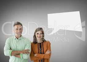 Couple with speech bubble against grey background
