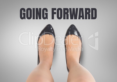 Going forward text and Black shoes on feet Blue shoes on feet with grey background