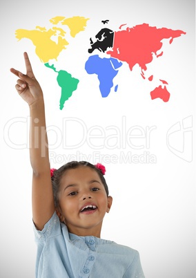 Girl reaching hand up in the air in front of colorful world map