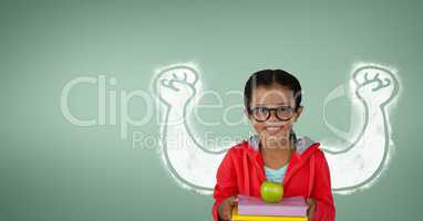 Happy student girl with fists graphic standing against green background