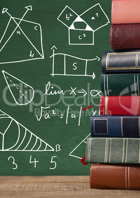 Books on Desk with blackboard graphics of math diagrams