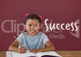 Student girl at table against red blackboard with success text
