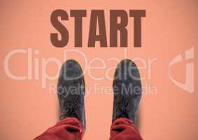 Start text  and brown shoes on feet with pink background