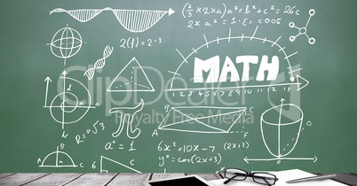 Desk foreground with blackboard graphics of math diagrams