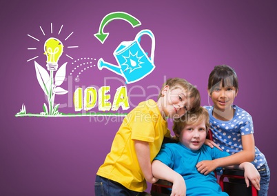 Disabled boy in wheelchair with friends with idea graphics